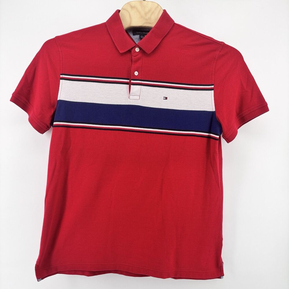 Tommy Hilfiger Men's XL Red Navy White Colorblock Stripe Polo Shirt